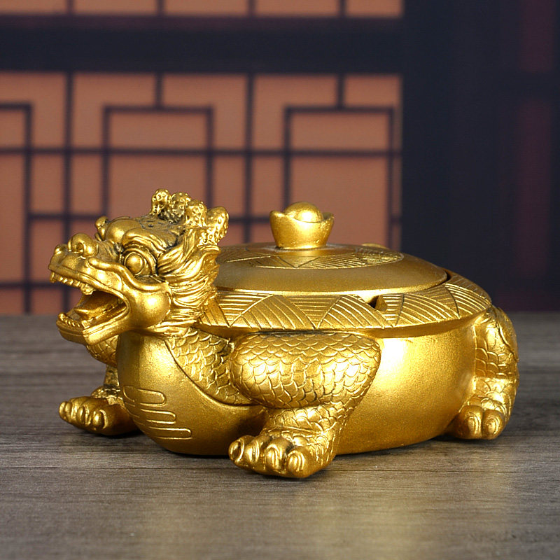 龙龟烟灰缸带盖防飞灰金色中式复古个性潮流家用茶几桌面装饰摆件