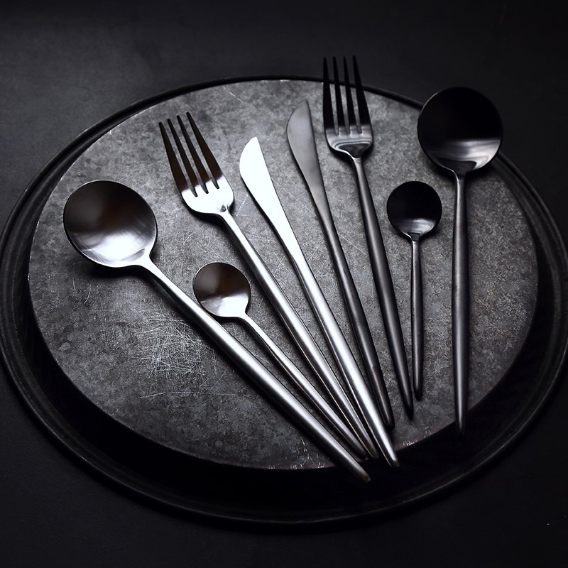 陶柔全黑刀叉不锈钢牛排刀叉勺长柄咖啡勺水果勺雪糕勺子西餐餐厅