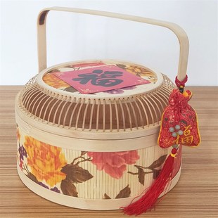 2024新款中秋节端午节过年送礼串丝竹包装竹篮子礼盒牡丹花图案
