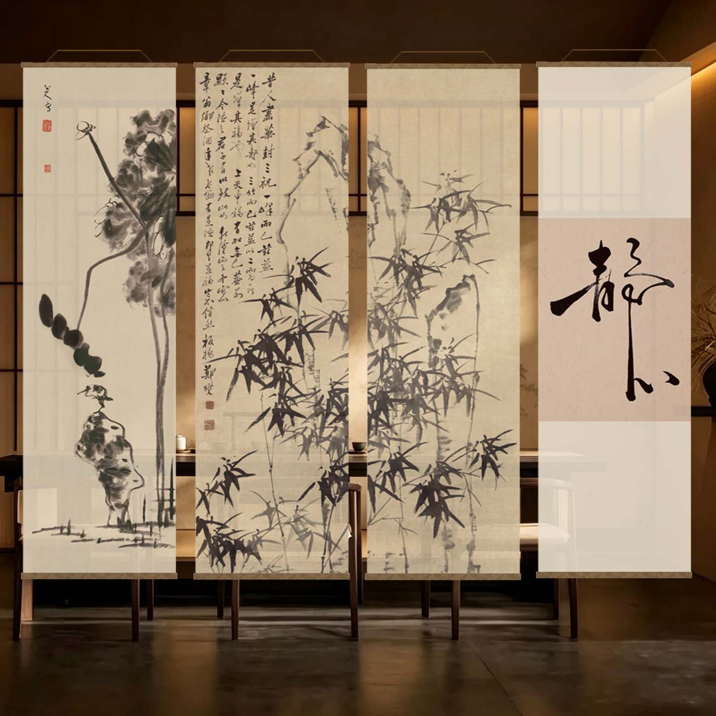 宋氏美学中式水墨竹半透光纱帘