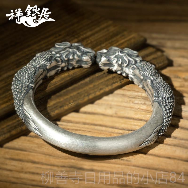 正品双貔貅镯男士云南雪花银手 开口实心创设计手工精雕手原银镯.