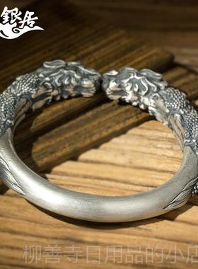 正品双貔貅镯男士云南雪花银手 开口实心创设计手工精雕手原银镯.