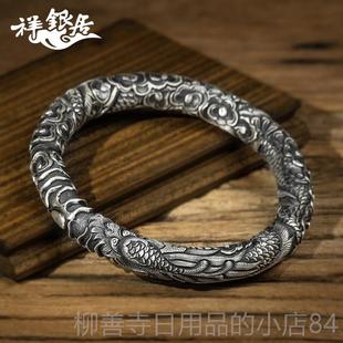 正品祥银居南花雪银原创 设计穿云龙足银手镯古法做云旧高工浮雕.