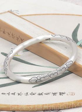 正品芍药手镯字女夏纯银999银年轻新款古法实心闭口刻镯子女送友