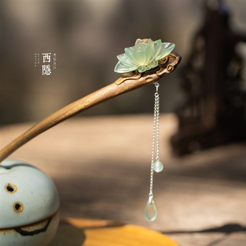 清荷岫玉 绝美手工精选天然冰种岫玉荷花绿檀木发簪送女友礼盒