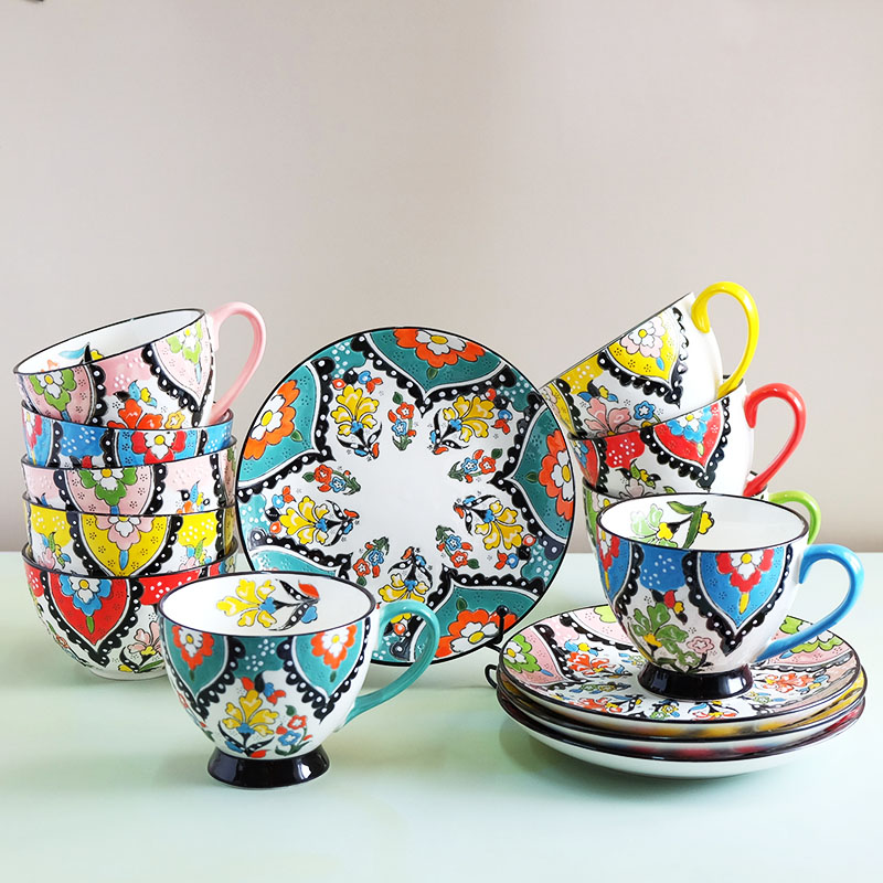 手绘重工早餐杯燕麦杯浅浮雕咖啡杯餐盘装饰釉下彩可微波加热送勺