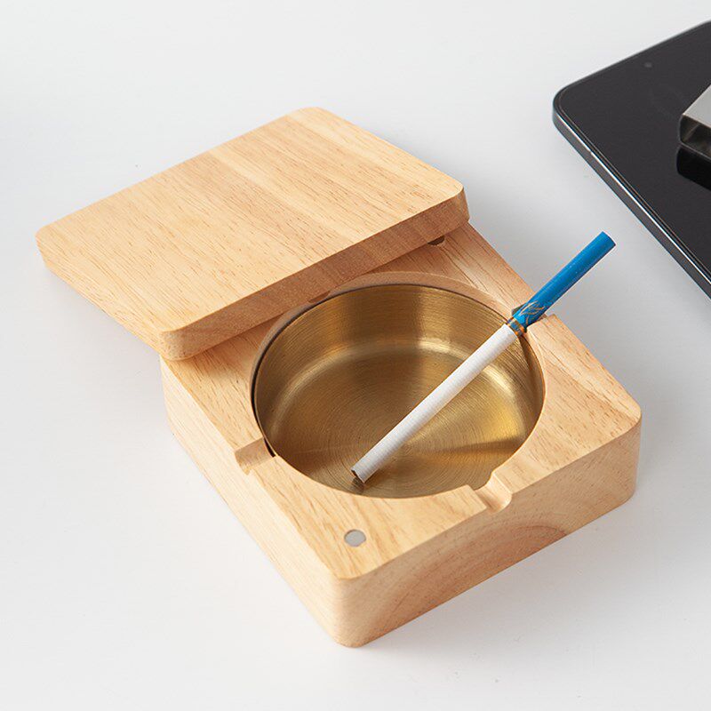 实木烟灰缸带盖防飞灰不锈钢家用办公室客厅简约茶几创意灰缸高档