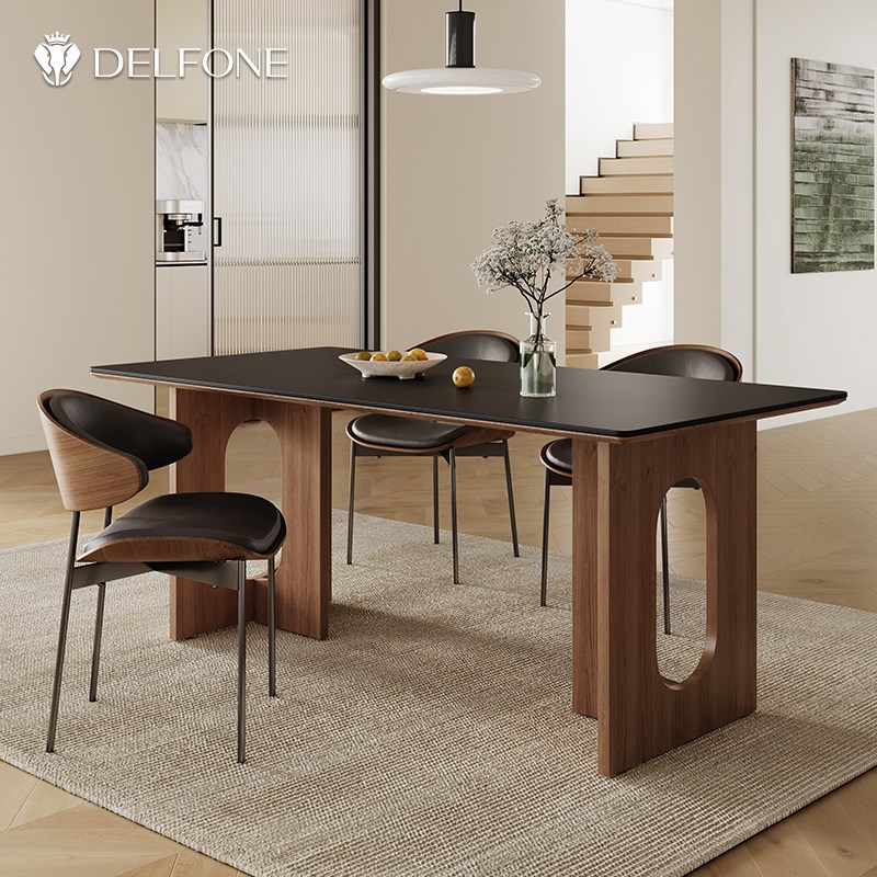 德利丰岩板餐桌中古风法式复古侘寂风长方形小户型餐桌椅家用