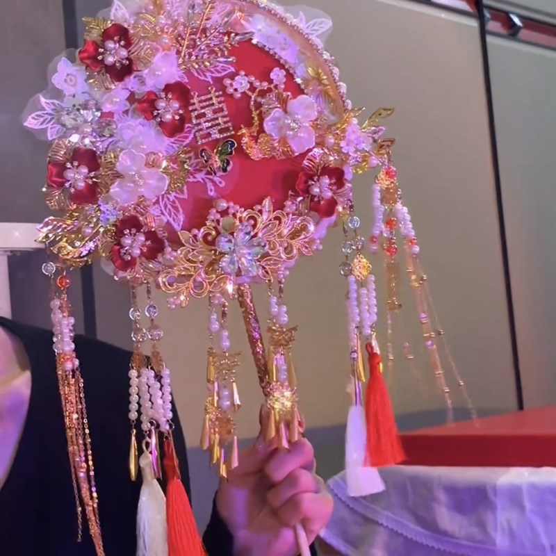 成品双面双色重工团扇新娘结婚出嫁diy材料包中式婚礼秀禾喜扇
