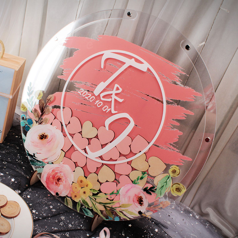 婚礼婚庆爱心木片签到实木相框签名册年会创意个性圆形透明肉粉色