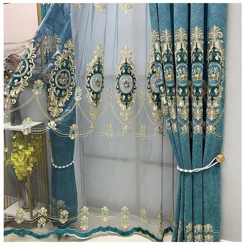 卧室成品窗帘窗纱绣花雪尼尔加厚遮光高档欧式落地窗客厅定制