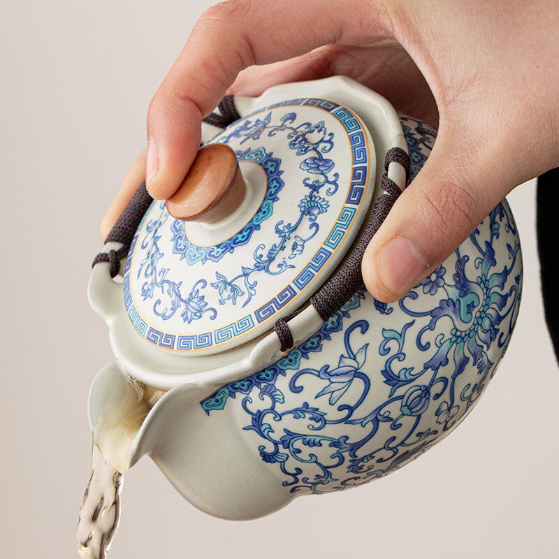 青花手抓壶盖碗茶杯一人饮泡茶具套装2025新款防烫茶壶泡茶家用