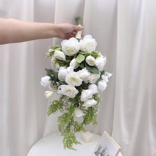 白绿韩式手捧花瀑布形新娘花束仿真婚礼复古民国风拍照道具手捧花