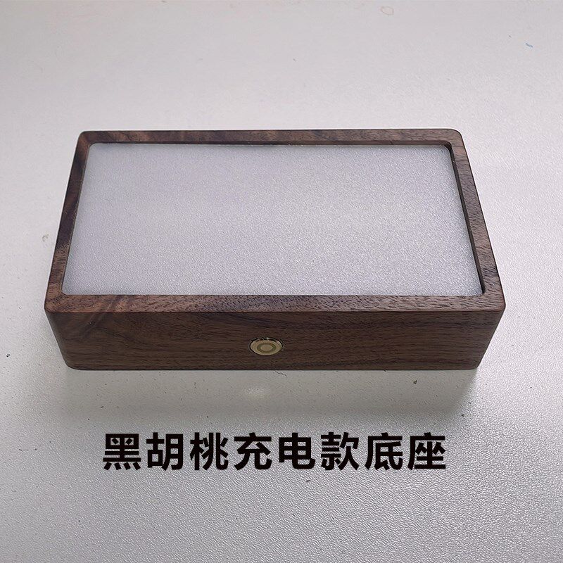 实木水晶内雕楼模LED发光黑胡桃底座创意3D方形充电款小夜灯摆件