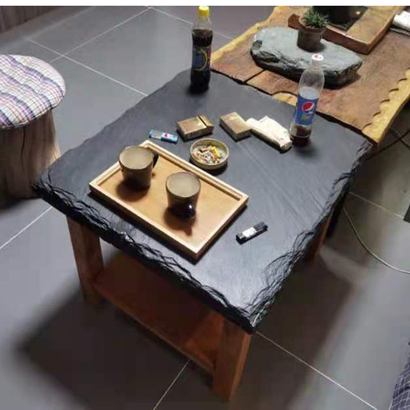 天然青石板原石室内外桌茶几吧台自然面毛边黑色火锅桌面仿古哑光