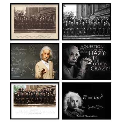 索尔维会议装饰画物理科学家爱因斯坦复古黑白挂画实验室教室壁画