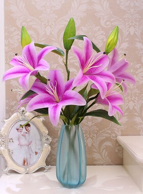 香水百合pu手感仿真花束 欧式客厅装饰花假花艺摆件3束玻璃瓶套装