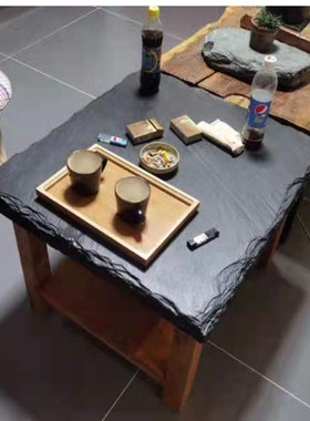 天然青石板原石室内外桌茶几吧台自然面毛边黑色火锅桌面仿古哑光