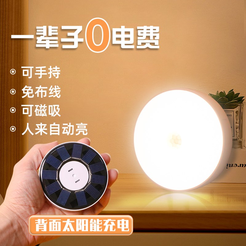 太阳能夜间人体自动感应灯人来即亮卧室睡眠家用室内迷你小夜灯