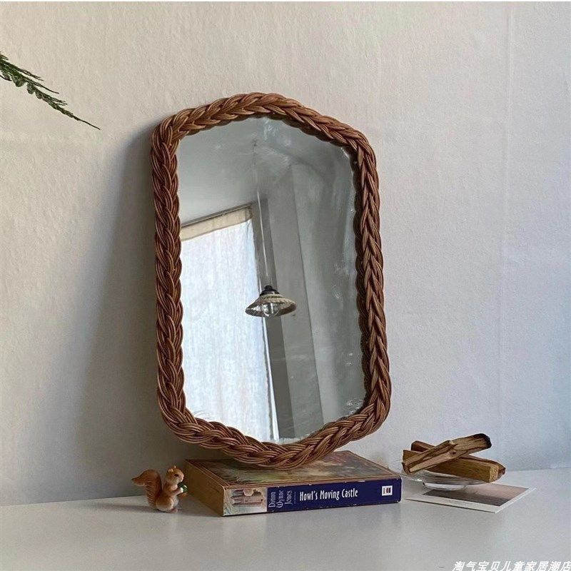 韩风简约藤编复古镜子化妆台装饰镜子挂式原木墙镜壁挂加厚壁挂