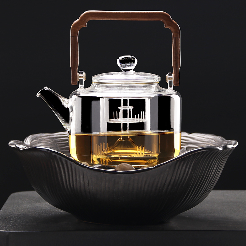 黑晶炉煮茶器煮茶炉提梁煮茶壶家用玻璃茶壶炭火泡茶炉围炉煮茶套