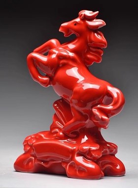 红色陶瓷马摆件枣红色立马十二生肖马到成功吉祥客厅物装饰工艺品