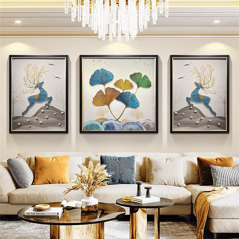 客厅装饰画银杏树叶挂画沙发背景墙三联画福禄象实物立体实物挂画