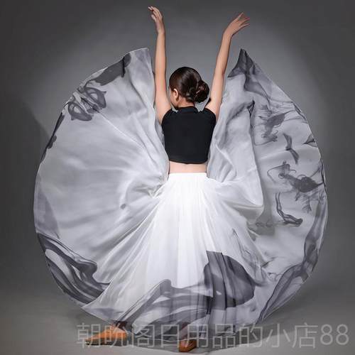 高档童儿民族风格水墨古典舞服装半长练习服长裙现代舞表演装摆纱