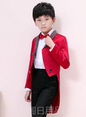 高档儿童红色礼礼服男童燕服孩主持婚魔男术指挥钢琴演尾出服韩版