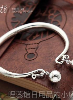 高档银手镯女99足银铃铛光面饰实心纯银品开口网红年轻款宫手9环