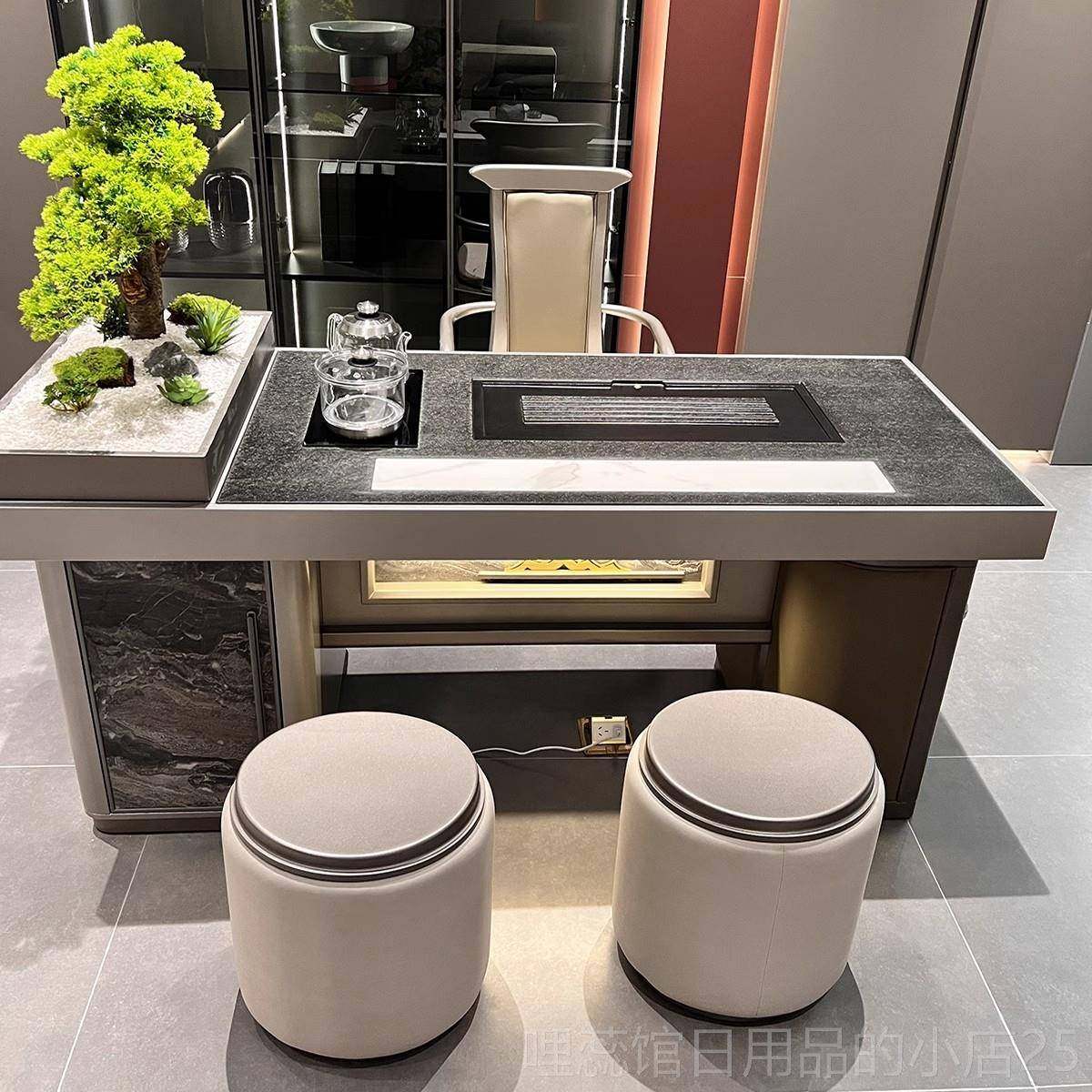 高档阳台茶水桌小实型轻奢高感岩板级木现代茶台家用泡茶桌椅自动