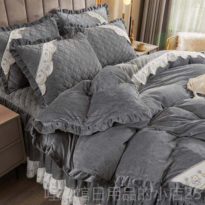 高档四欧式夹棉床款裙件套加厚蕾丝花边公主风床罩式床被单套保暖