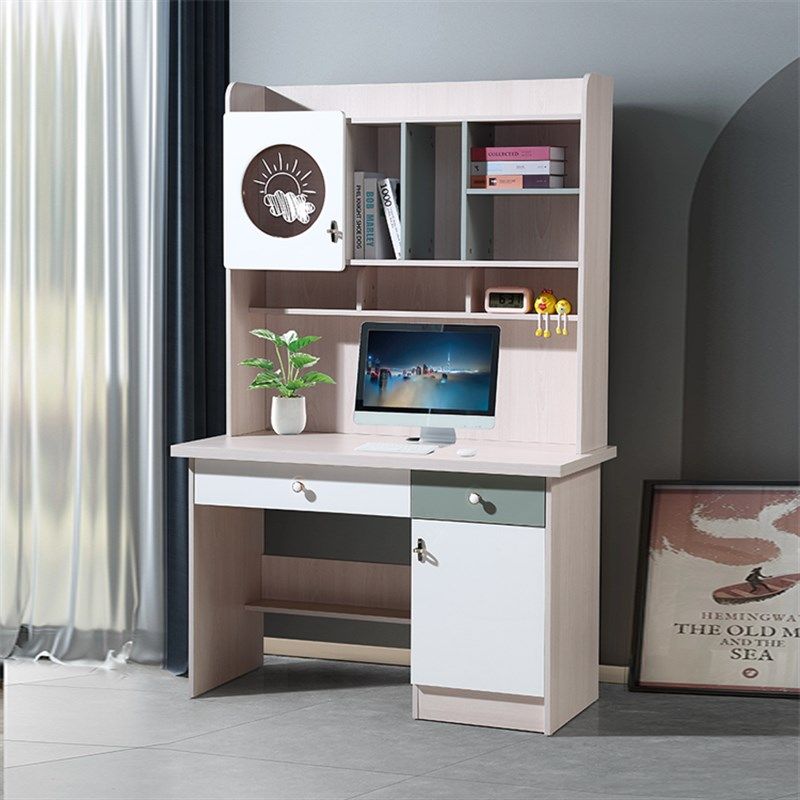 儿童学生简约实木生态板家用卧室书桌书架组合台式电脑桌书柜一体