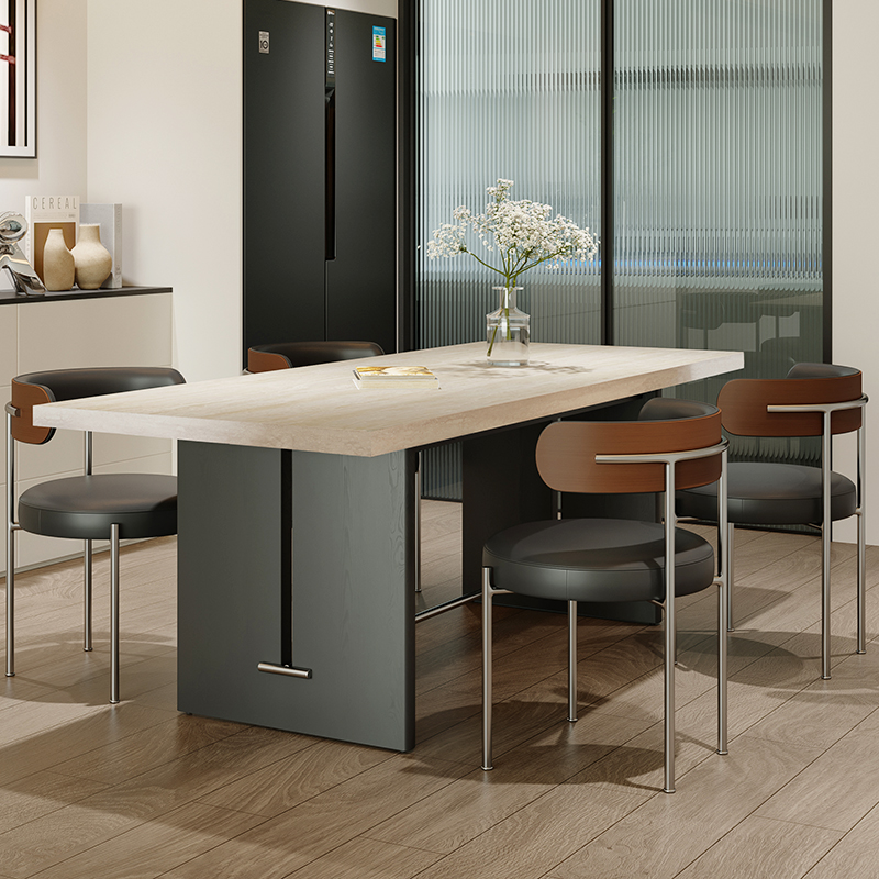 意式简约中古风加厚洞石岩板餐桌椅组合小户型复古实木岛台茶桌子