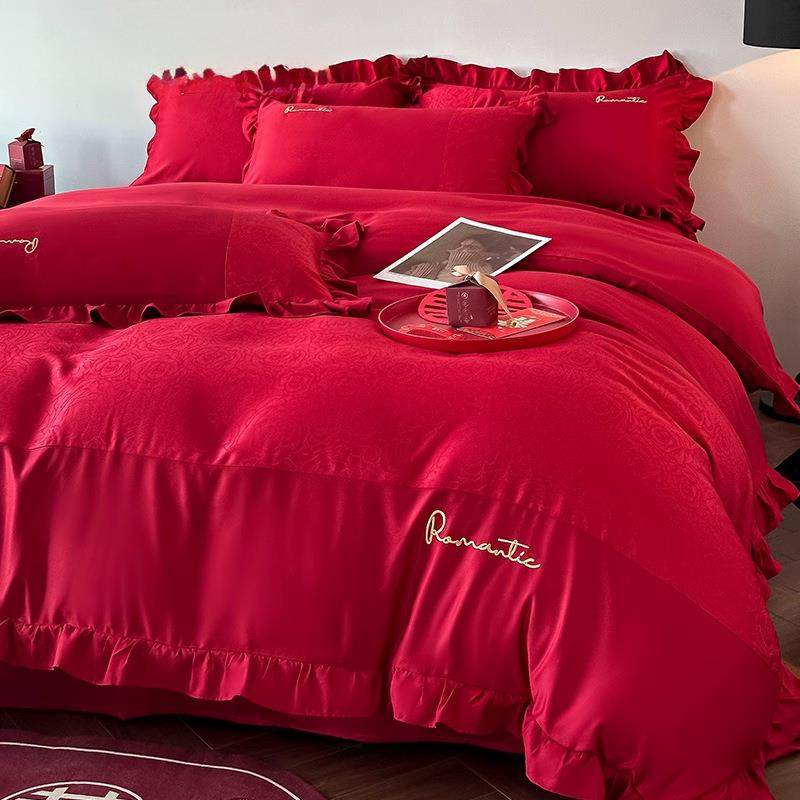 高端结婚四件套婚庆大红色水洗棉被套床单床笠款新婚婚庆床上用品