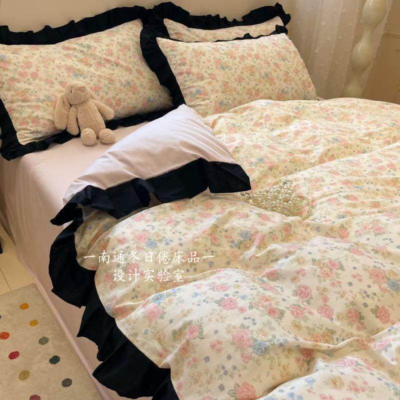 田园淡雅小清新花边款全棉床上四件套a类纯棉1.5m1.8被套法式