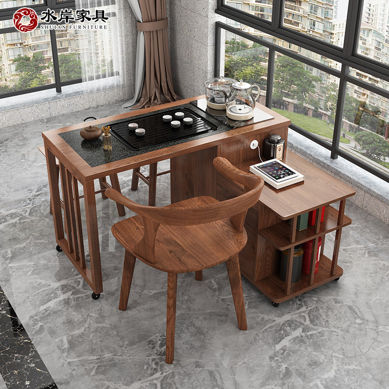 现代简约小户型茶车阳台乌金石茶桌椅组合家用多功能旋转移动茶台