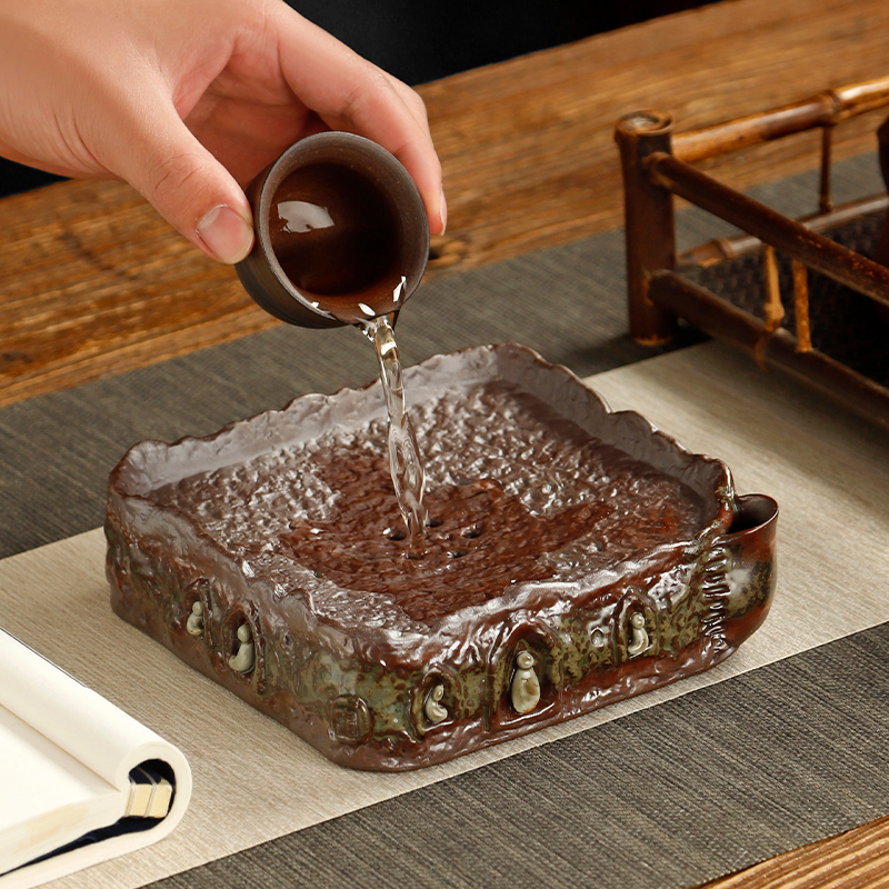 复古柴烧壶承干泡台茶盘蓄水茶台粗陶窑变家用茶壶托盘茶具配件大