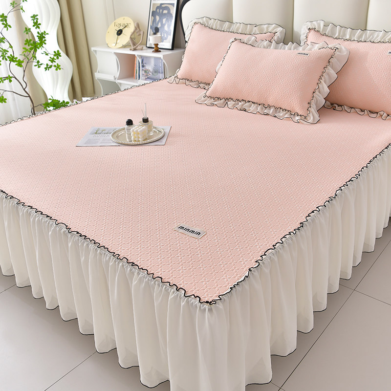 2024新款夏季凉感豆豆席床裙款三件套小清新冰丝凉席可折叠软席子