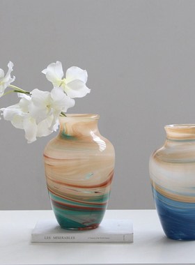 现代新品彩色渐变玻璃花瓶水培家居装饰客厅桌面琉璃中古摆件花器
