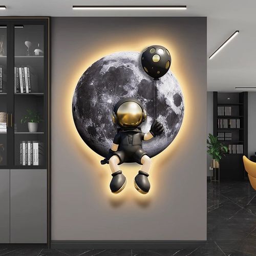 玄关装饰画LED灯画宇航员儿童房挂画月球发光壁灯男孩女孩卡通画