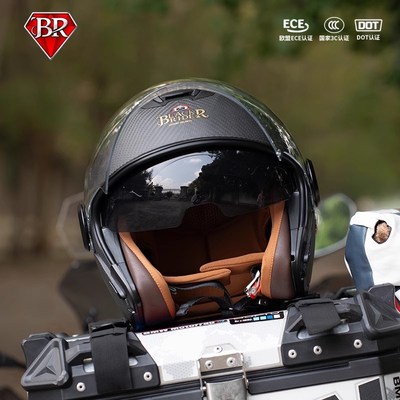 BR碳纤维四分之三头盔摩托车半盔复古超轻双镜片男女骑行四季通用