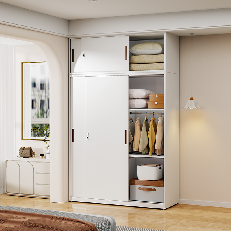 钢制带锁儿童卧室收纳衣柜铁艺家用大衣柜现代简约阳台推拉储物柜