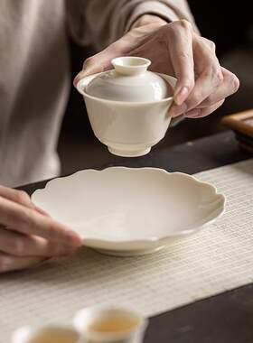 杏白釉手工家用高脚葵口壶承干泡台养壶茶承小型蓄水茶盘紫砂壶垫