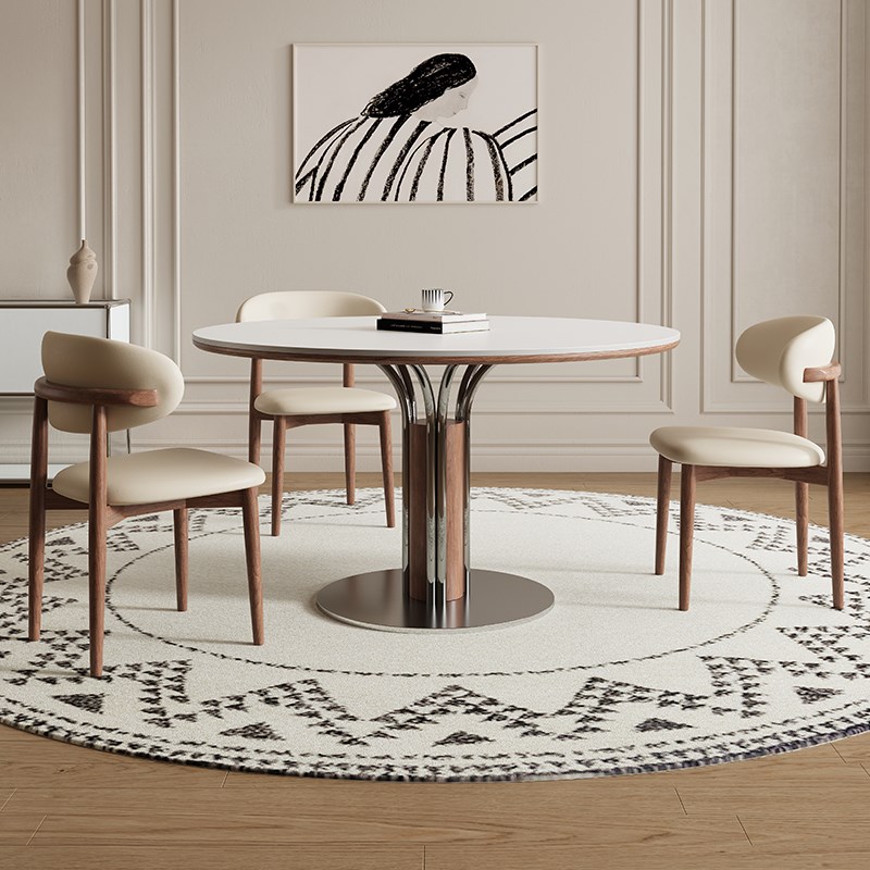 德利丰实木岩板餐桌法式奶油中古风小户型圆形全托纯白圆桌饭桌子