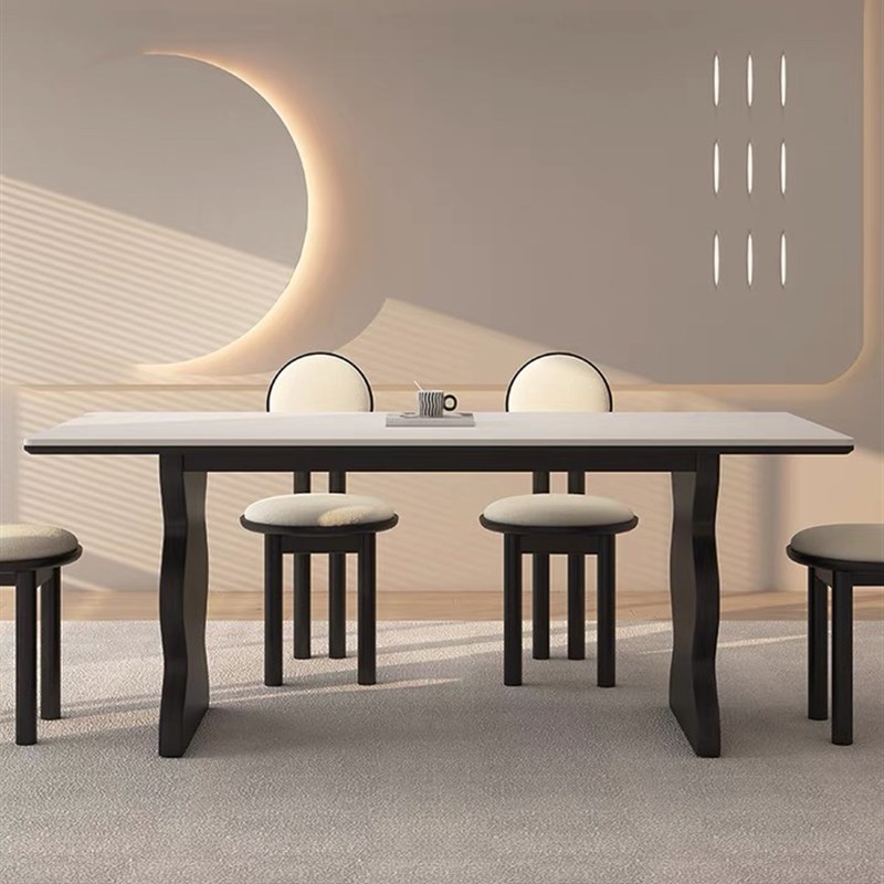 德利丰实木岩板餐桌家用小户型侘寂中古风长方形高端全托黑色饭桌