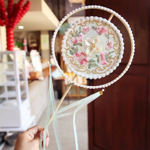 双层花瓣重工刺绣团扇子手工艺品拍照摄影舞蹈宫廷复古风长柄竹扇