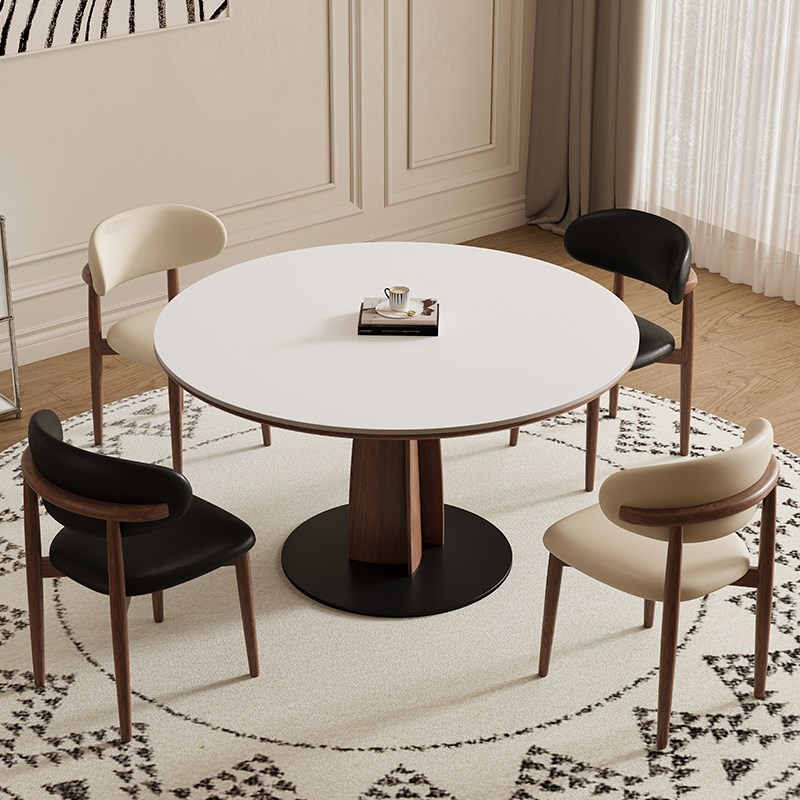 德利丰实木岩板餐桌家用小户型1米圆桌法式中古风高端圆形饭桌子