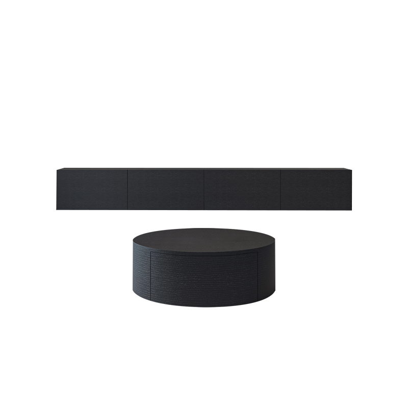 现代简约黑色电视柜小户型实木圆形茶几电视柜意式极简电视柜