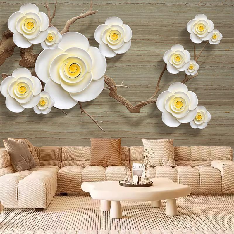 3d立体浮雕墙纸油画风格砂岩花卉背景墙壁纸客厅电视沙发墙布壁画